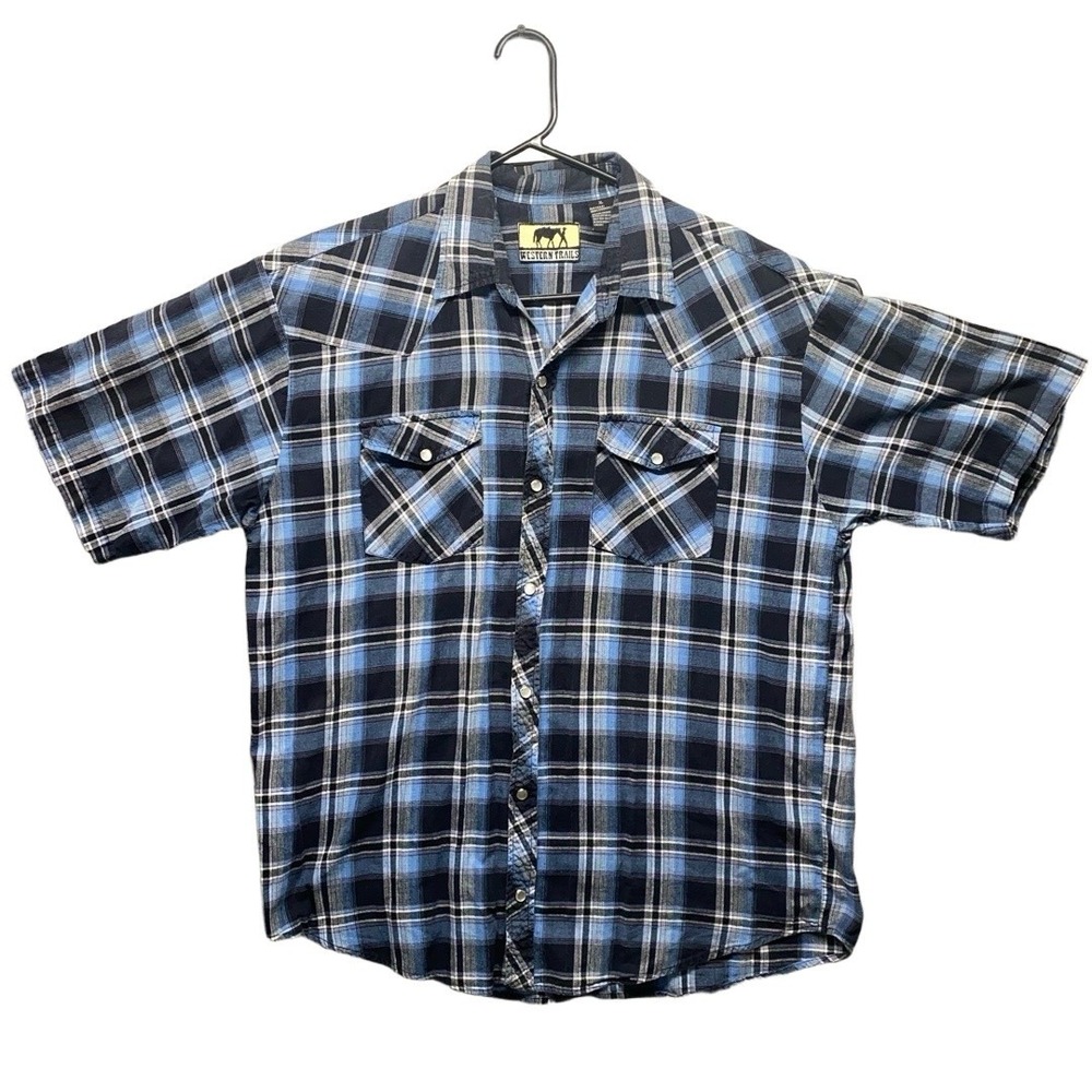 Western Trails Shirt Mens Size Extra Large Blue Plaid‎ Western Pearl Snap Cowboy